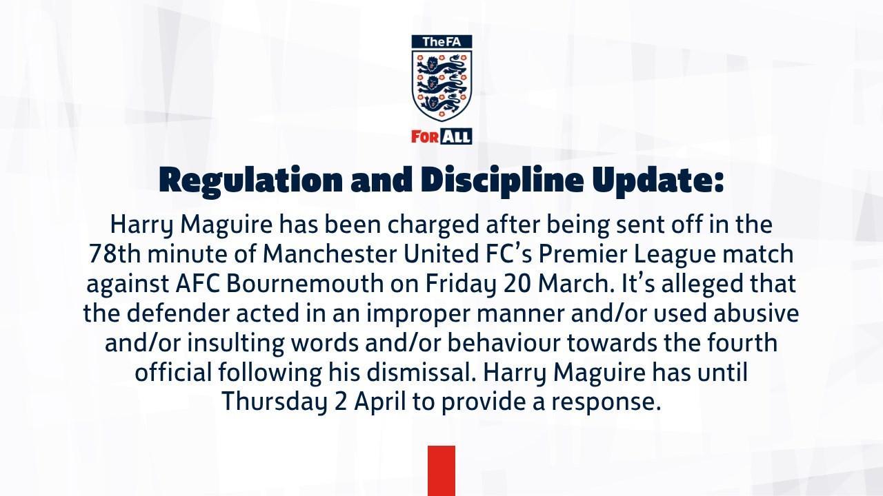 开云体育-官方：因对阵樱桃染红后对四官行为不当，马奎尔被英足总指控